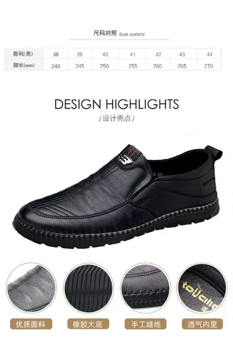 Schwarzer Lederschuh zum Einschlüpfen für Herren mit Gummisohle und Ziernähte-Details, geeignet für Walking-Loafer.