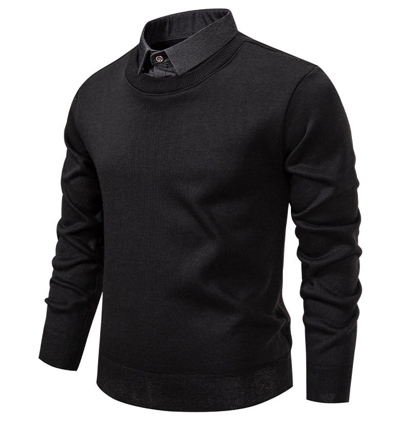 Schwarzer Pullover mit Stehkragen und Strickjersey-Polo-Optik mit Kragen in Hemdoptik