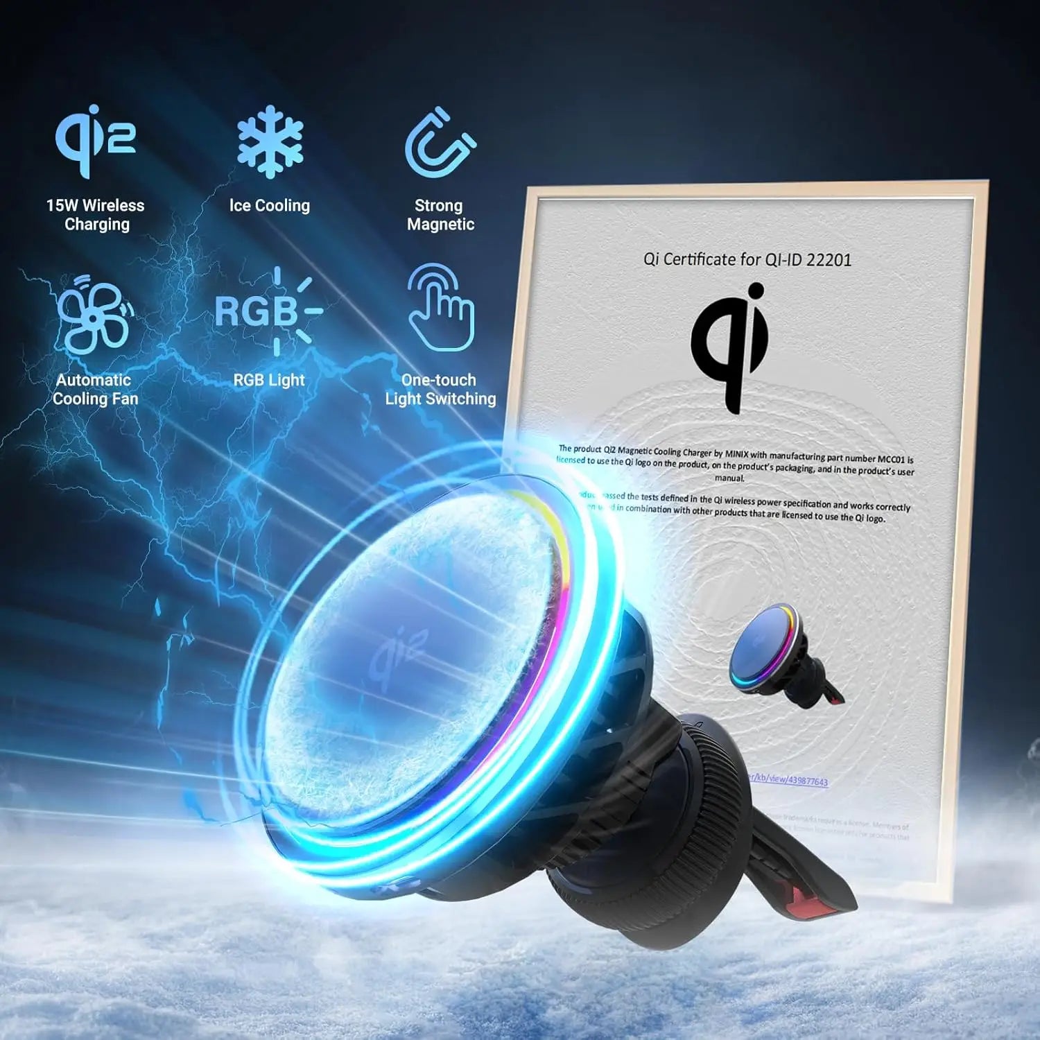 Minix Qi2-Magnet-KFZ-Ladegerät in Schwarz mit RGB-Beleuchtung und einer Eis-Kühlgebläse-Konstruktion für eine effiziente Kühlung.