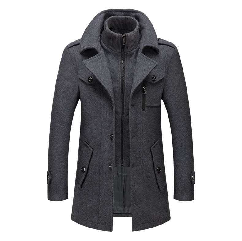 Dunkelgrauer Woll-Trenchcoat für Herren mit doppeltem hohen Kragen und schwarzen Knöpfen für Winterbekleidung modname=ckeditor