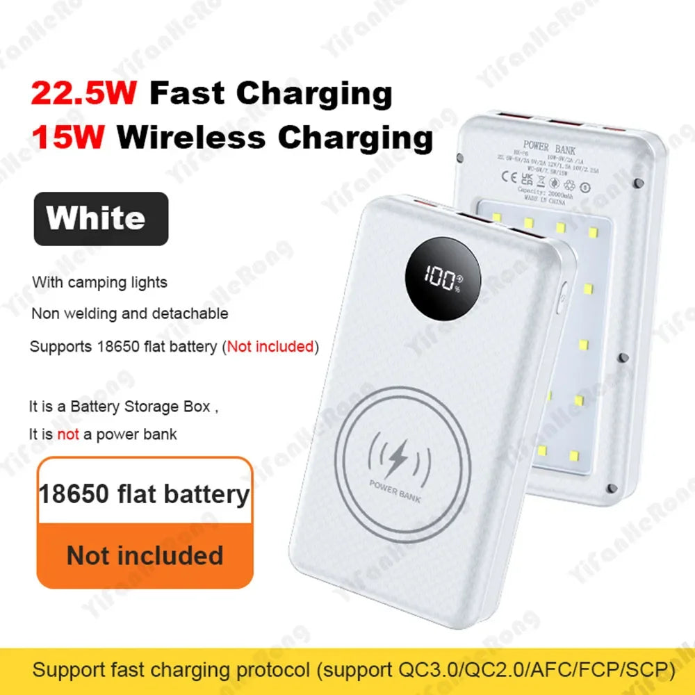 6*18650 20000mAh Power Bank Case 22.5W Fast Charging 15W Wireless Charging Mobile Power Bank Housing Battery Holder For Phone