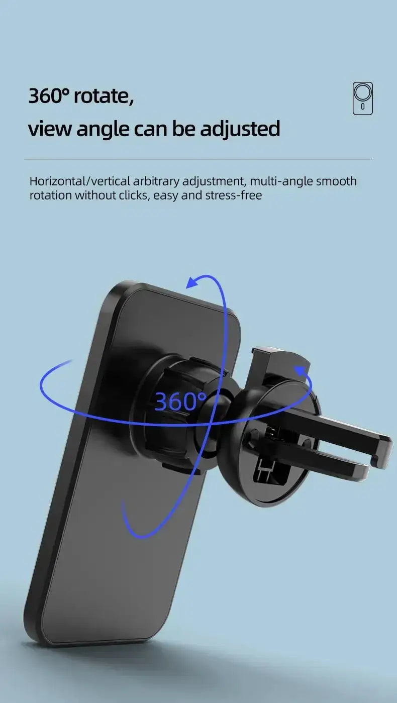 iPhone用の、360度回転可能な調整式エアベントクリップ付きの黒色ワイヤレス充電器磁気カーマウント。
