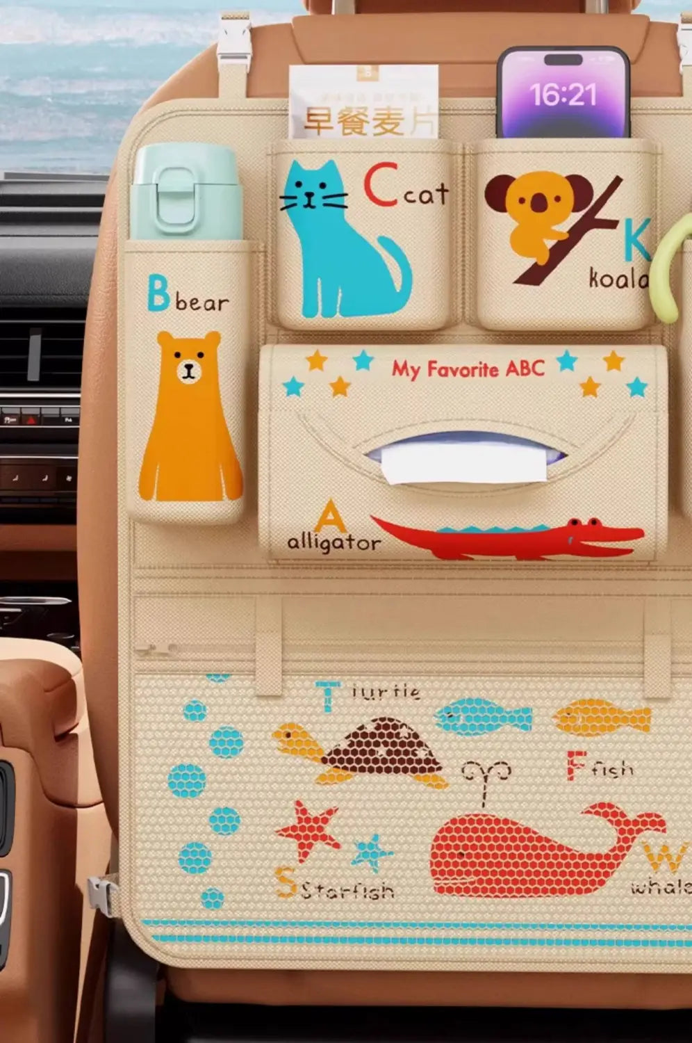 Beige car seat organizer with colorful animal-themed pockets and a tissue box compartment designed for alphabet storage and vehicle use.