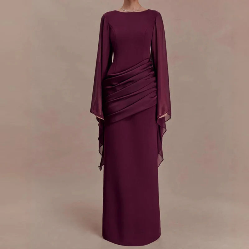 Elegant O-neck Formal Occasion Party Gown Women Causal Flared Sleeve Draped Evening Dress Fashion Waist Solid Slim Wedding Dress