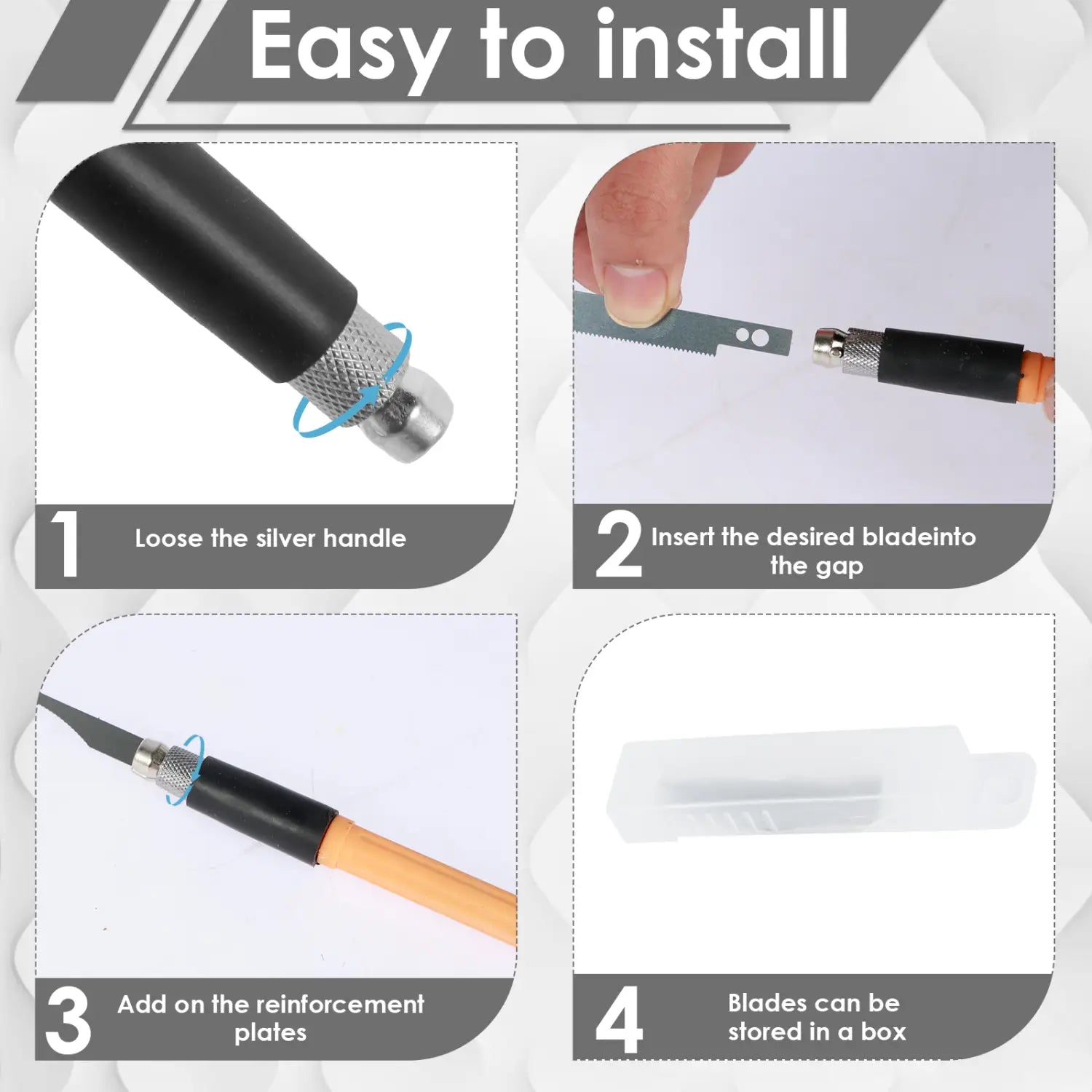 Black-handled precision craft knife with interchangeable silver blades and an orange grip option included in a mini hand saw kit for precision model making.