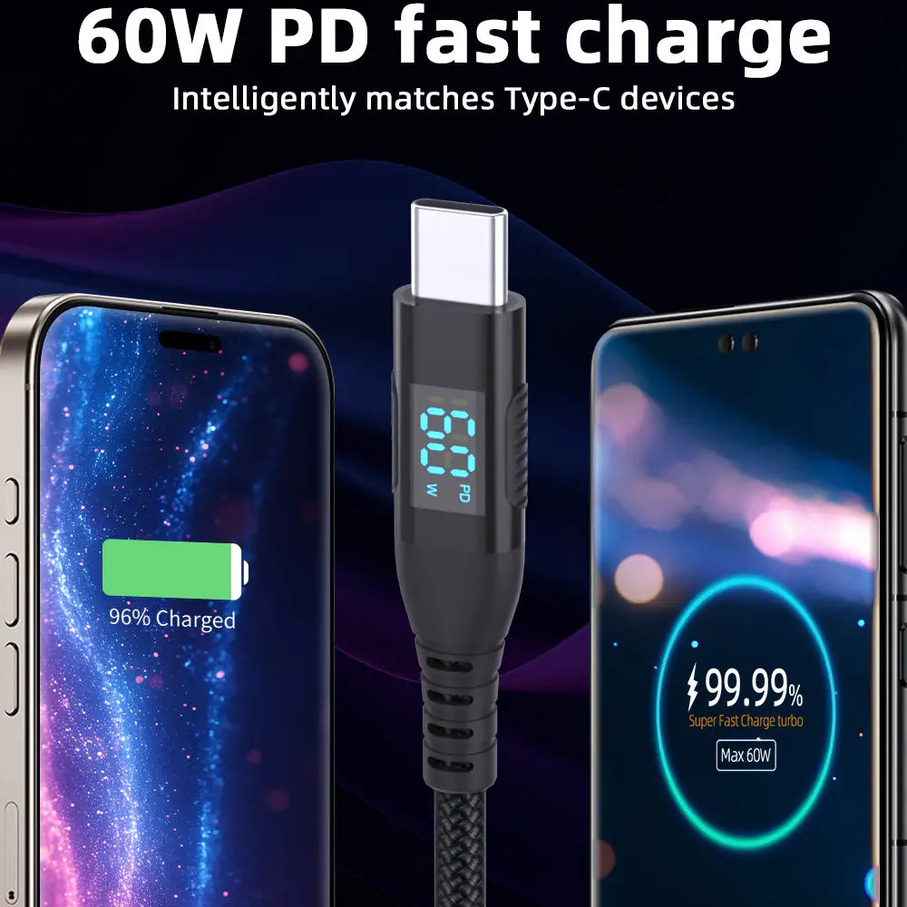 black braided usb-c fast charging cable with led digital display showing 100w charging power and data transfer capability