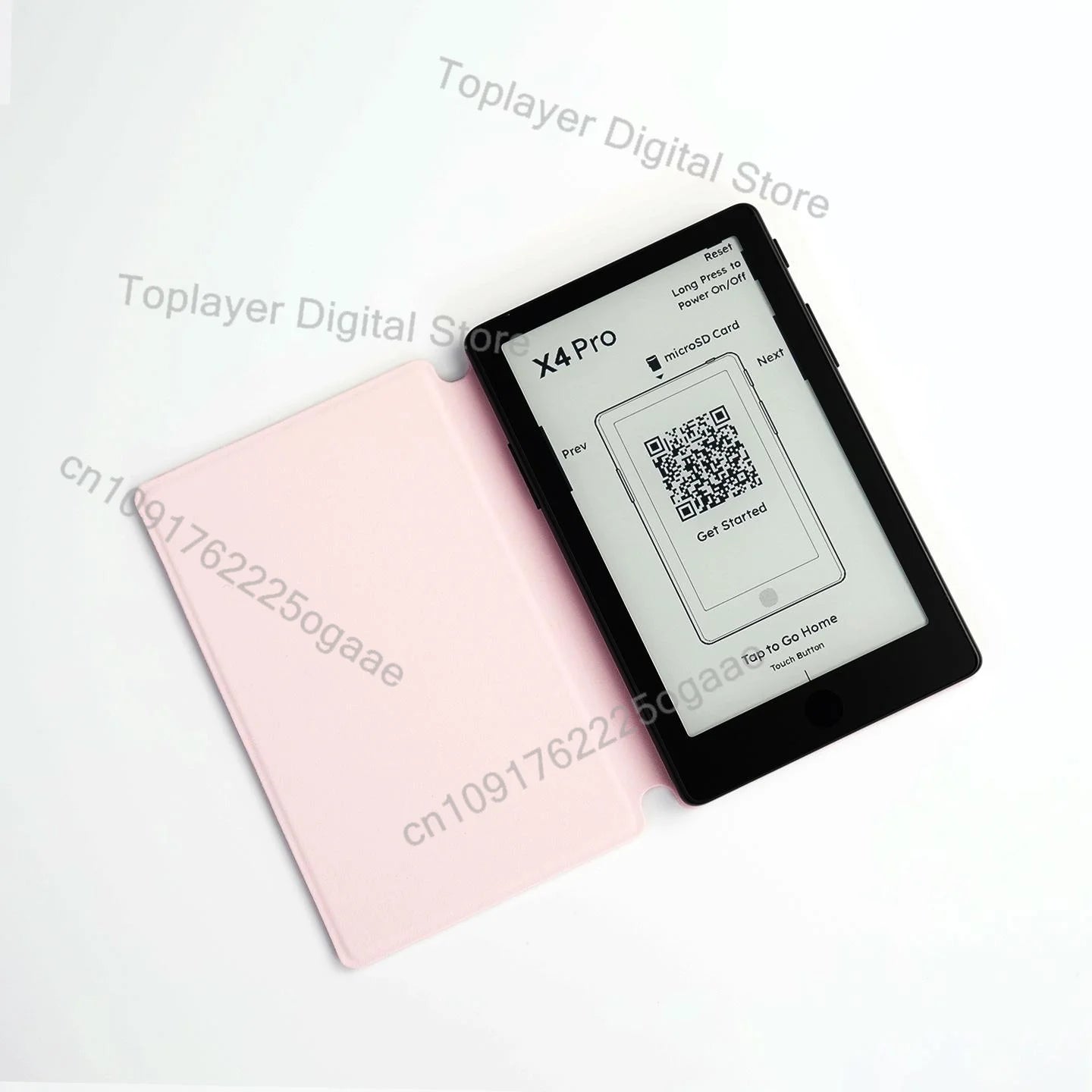 Black x4 pro e-reader in a pink protective case on the official original magnetic charging dock for xteink x4 pro.