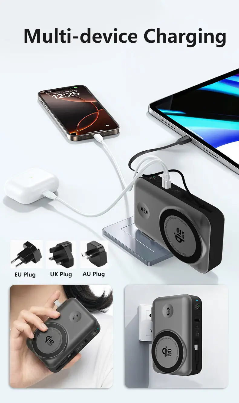 Batterie externe noire et argentée Qi2 à semi-conducteurs avec charge sans fil magnétique et adaptateurs de prise interchangeables pour une utilisation multi-appareils.