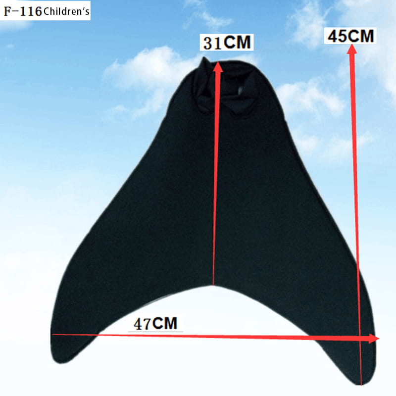 Schwarzes Kinder-Kite-Modell F-116, von der Rückseite dargestellt, neben den schwarzen Erwachsenen-Meerjungfrauen-Schwimmflossen Trainingsflippern für Schwimmübungen