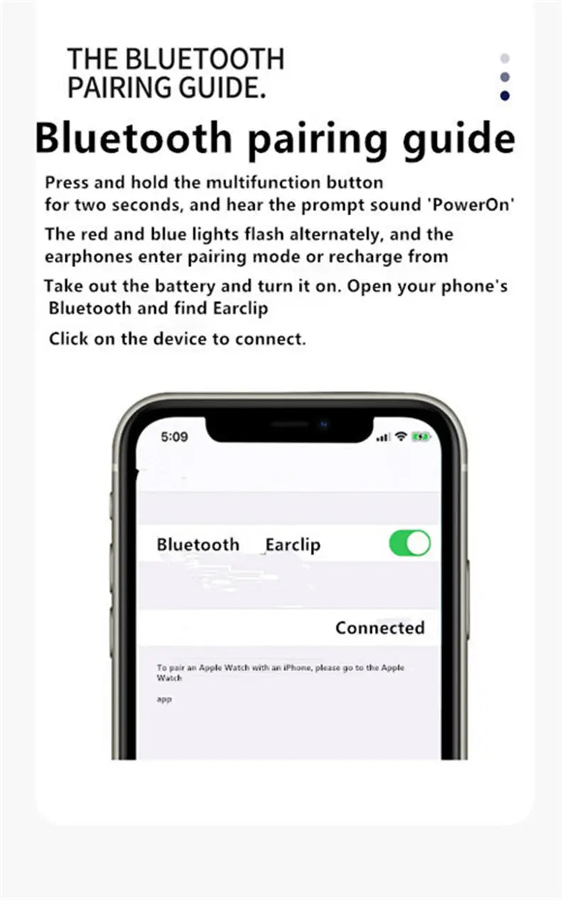 Pantalla de un teléfono inteligente que muestra una guía de emparejamiento Bluetooth para un clip de auriculares inalámbrico de oído abierto de alta calidad con reducción de ruido, conectado y mostrando indicadores de Wi-Fi activo y señal celular.