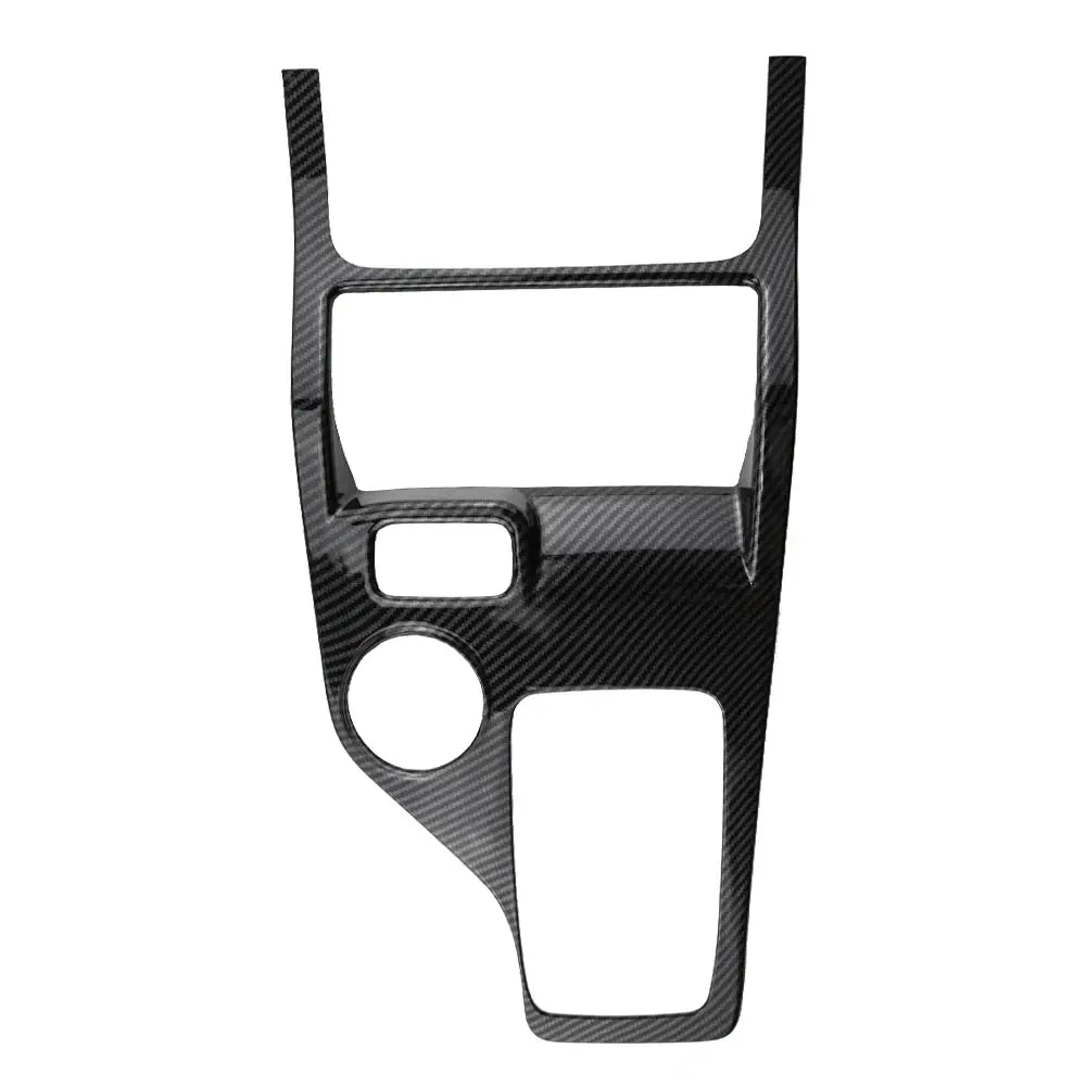 Black carbon fiber center console trim cover for Ford Everest Ranger featuring a sleek textured weave pattern with precise cutouts for gear shift cup holders and control buttons.