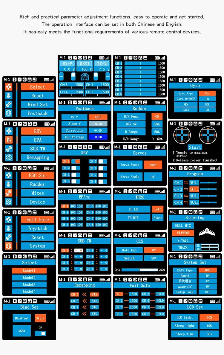 blue and black digital interface screens displaying various remote control device settings of the Hotrc HT-8a 8ch remote control transmitter kit with power supply details