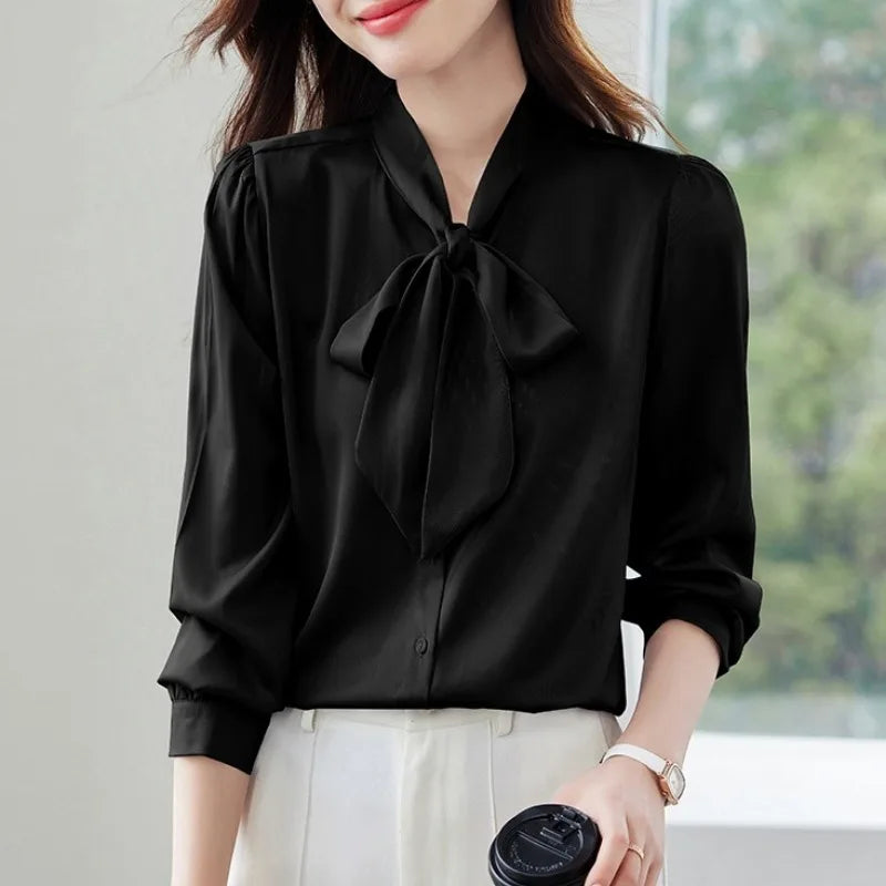 Women Elegant Satin Blouse Bow Tie Neck Puff Long Sleeve Formal Office Work Shirt For Spring Autumn