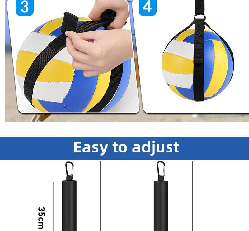 blue yellow and white volleyball with black straps for hanging as part of the volleyball spike training system adjustable outdoor aid