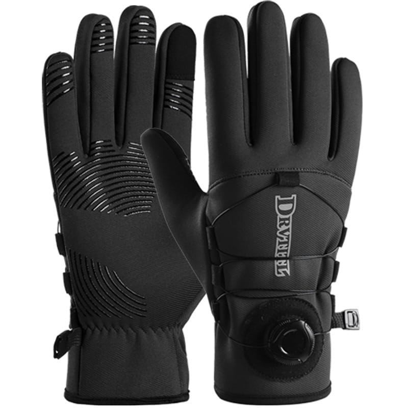 Gants thermiques coupe-vent noirs avec fonctionnalité écran tactile Drywell, motifs de prise texturés et sangle de poignet réglable, présentés côté dos.