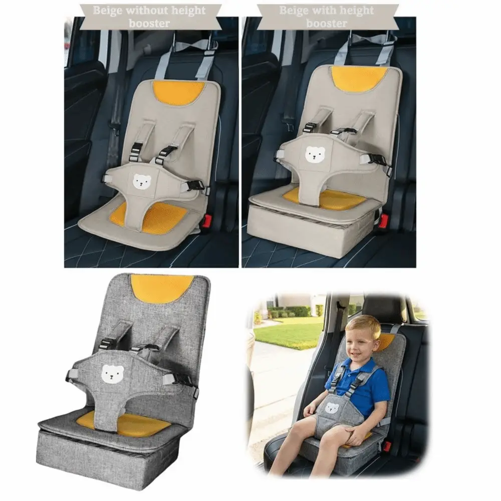 Tragbares Baby-Autokindersitzerhöhungskissen in Grau und Gelb mit einem niedlichen Bärengesicht-Design für die Verwendung bei Kleinkindern.