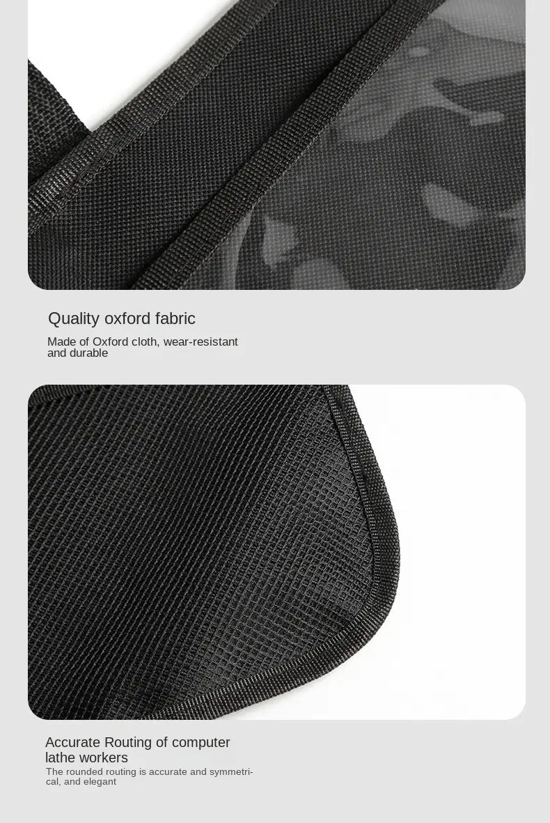 Black oxford cloth car backseat organizer with tablet holder featuring a laptop sleeve with reinforced stitching and a mesh-lined interior.