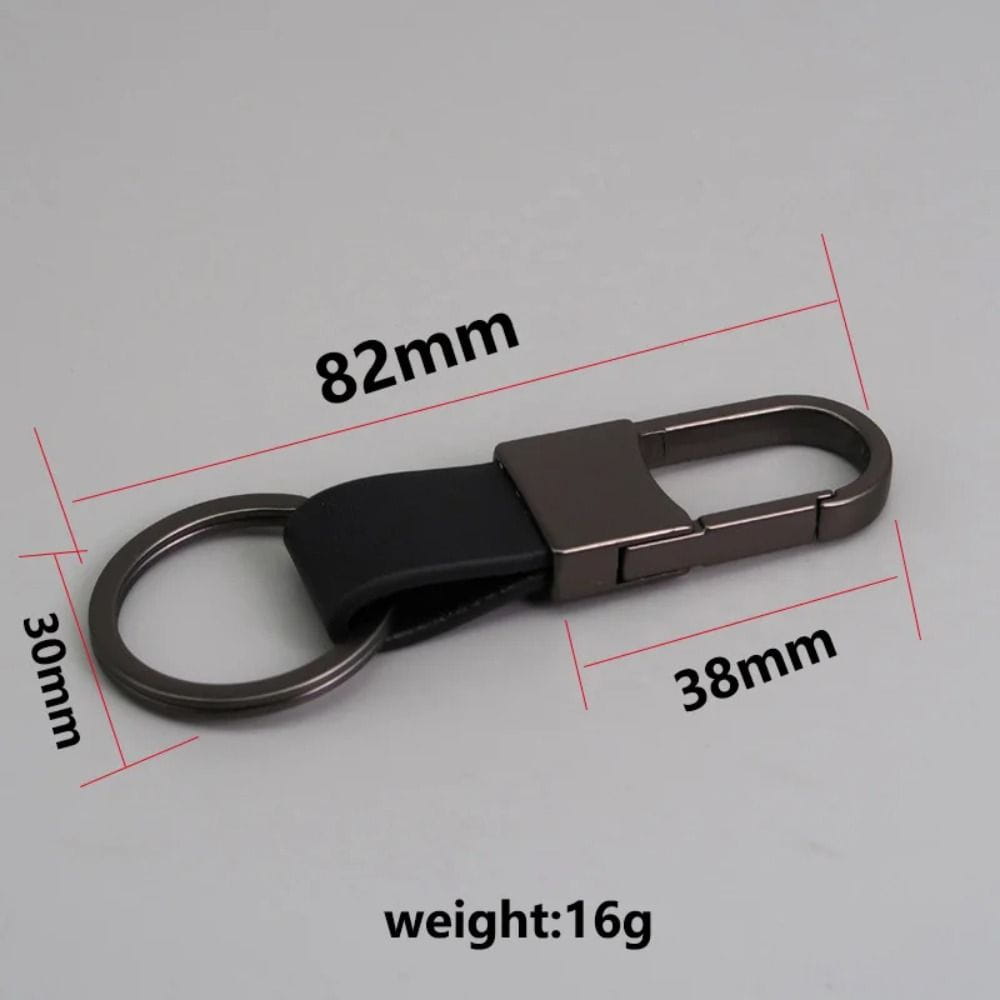 Black leather keychain with a matte gunmetal-finished metal carabiner and ring designed as an anti lost waist ring.