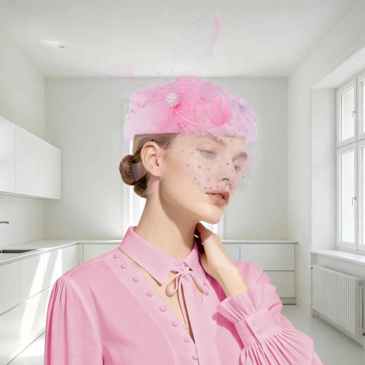 Women Bridal Fascinator with Feathers Dot Print Veil Elegant Pillbox Hats for Tea Party Wedding Church Fedoras Headscarf Bonnet