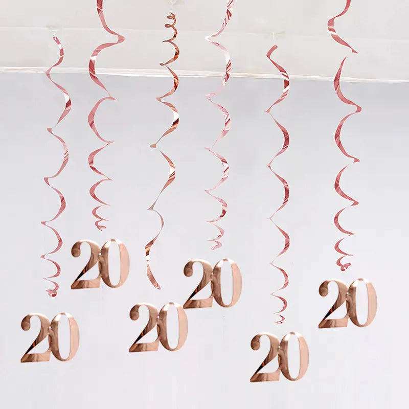 guirlandes spirales métalliques doré rosé avec des 20 numéros suspendus pour des décorations en tourbillon d’anniversaire, âges variés