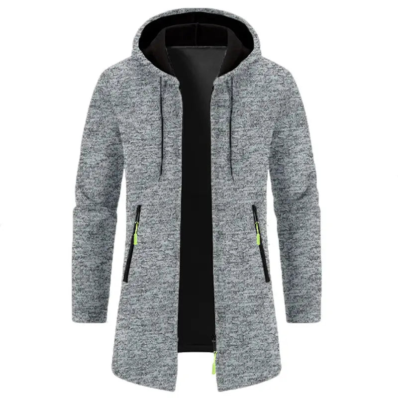 Sudadera con cremallera extragrande para hombre en tejido jaspeado gris con forro interior negro y tiradores de cremallera verde neón.