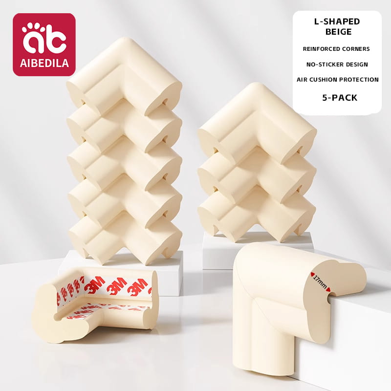 Beige Schaumstoff-Kantenschutzleisten für Baby-Sicherheits-Eckschutzvorrichtungen mit verstärktem Luftpolster-Design und 3m-Kleberückseite.