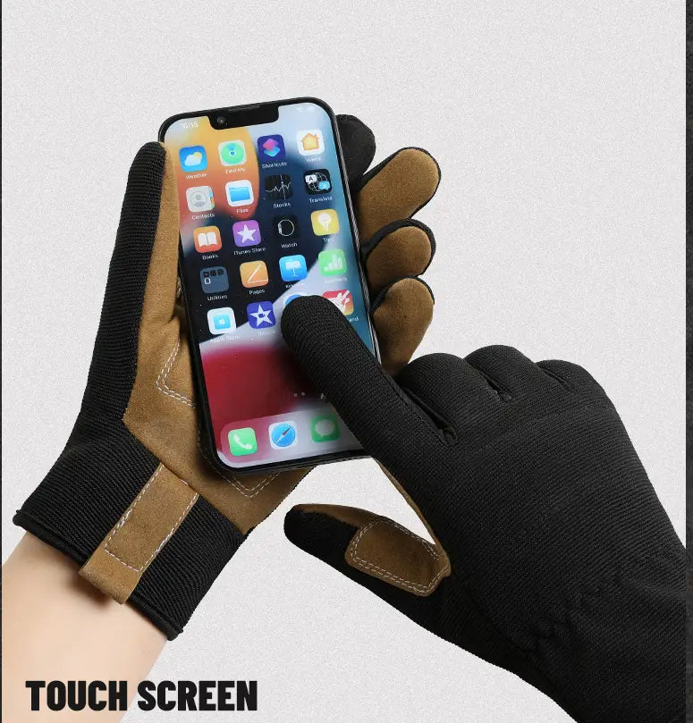 Black and tan touchscreen work gloves for men and women with reinforced finger tips for precise phone interaction shown from the back side.
