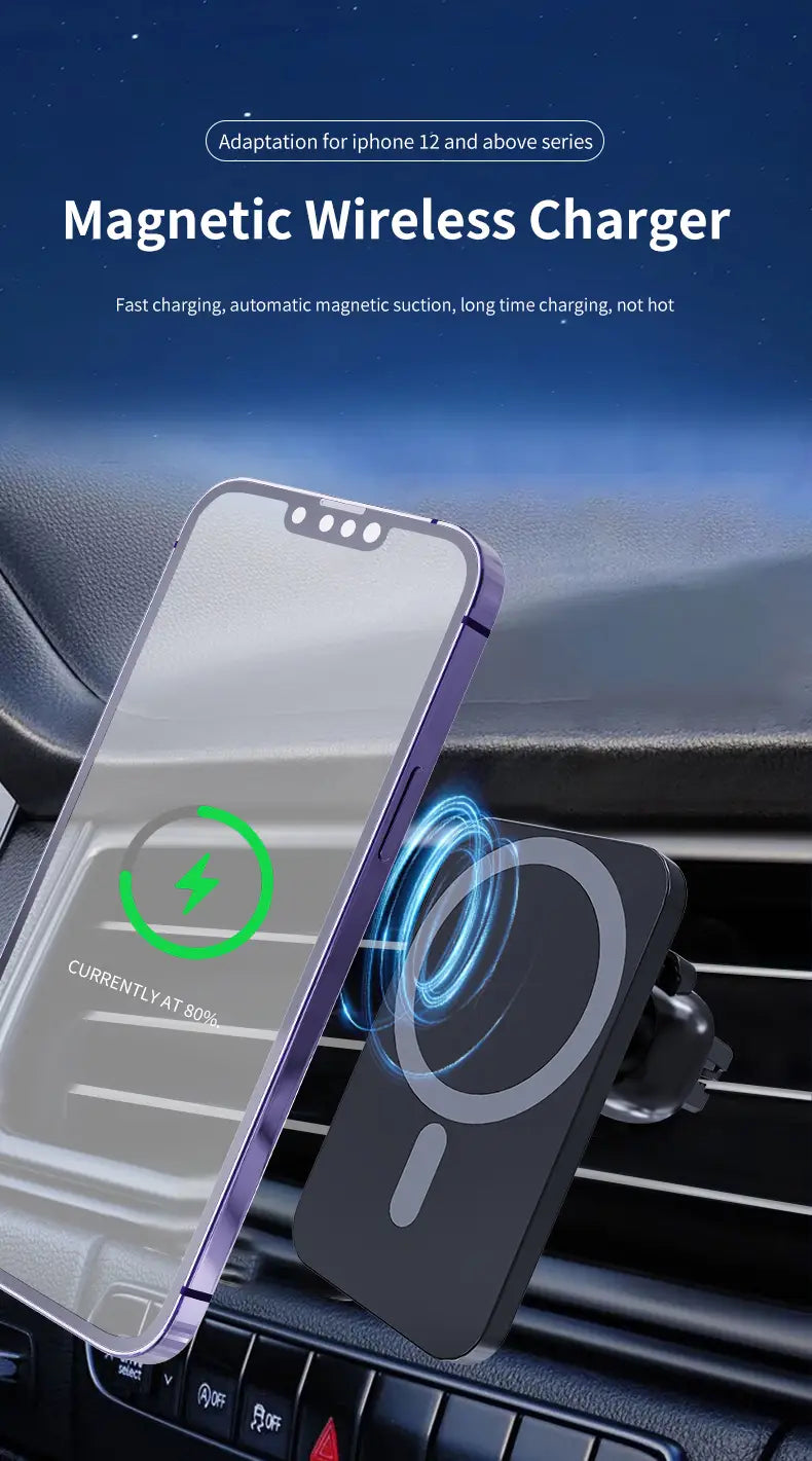 Black magnetic wireless charger with a sleek minimalist design and circular charging pad for iPhone 12 and above Vikefon magnetic car wireless charger.