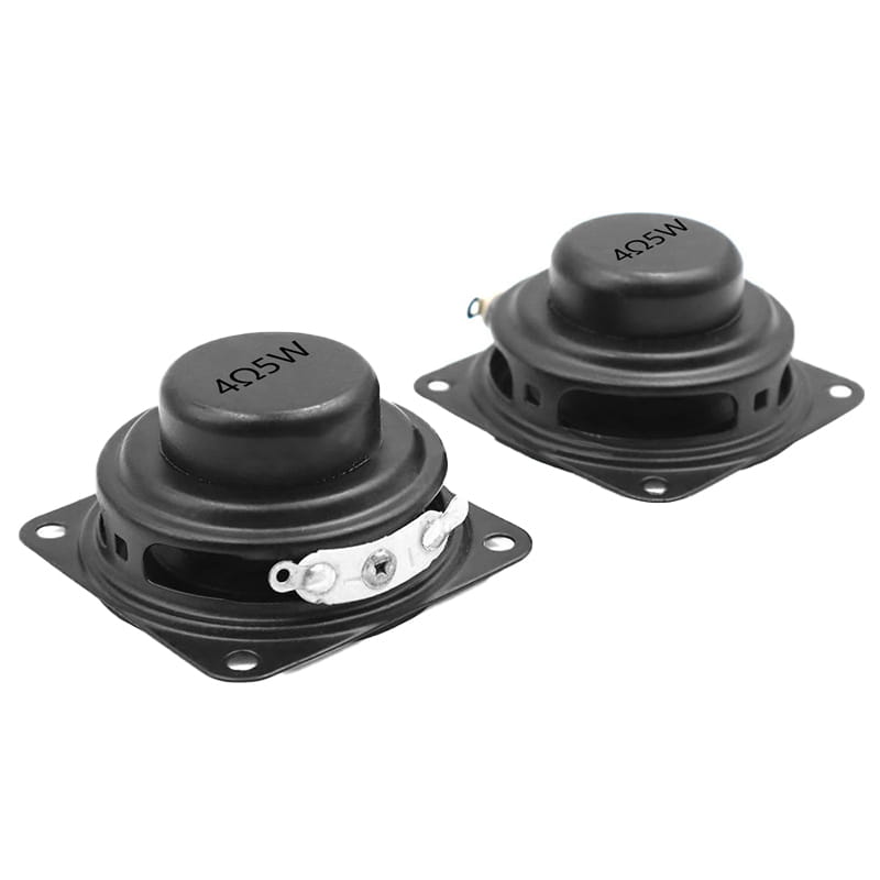 black 4.5w full range speaker drivers with circular dome and square mounting plate featuring white terminal connectors for audio wiring, suitable for 40mm 4 ohm 5w bluetooth speaker applications.