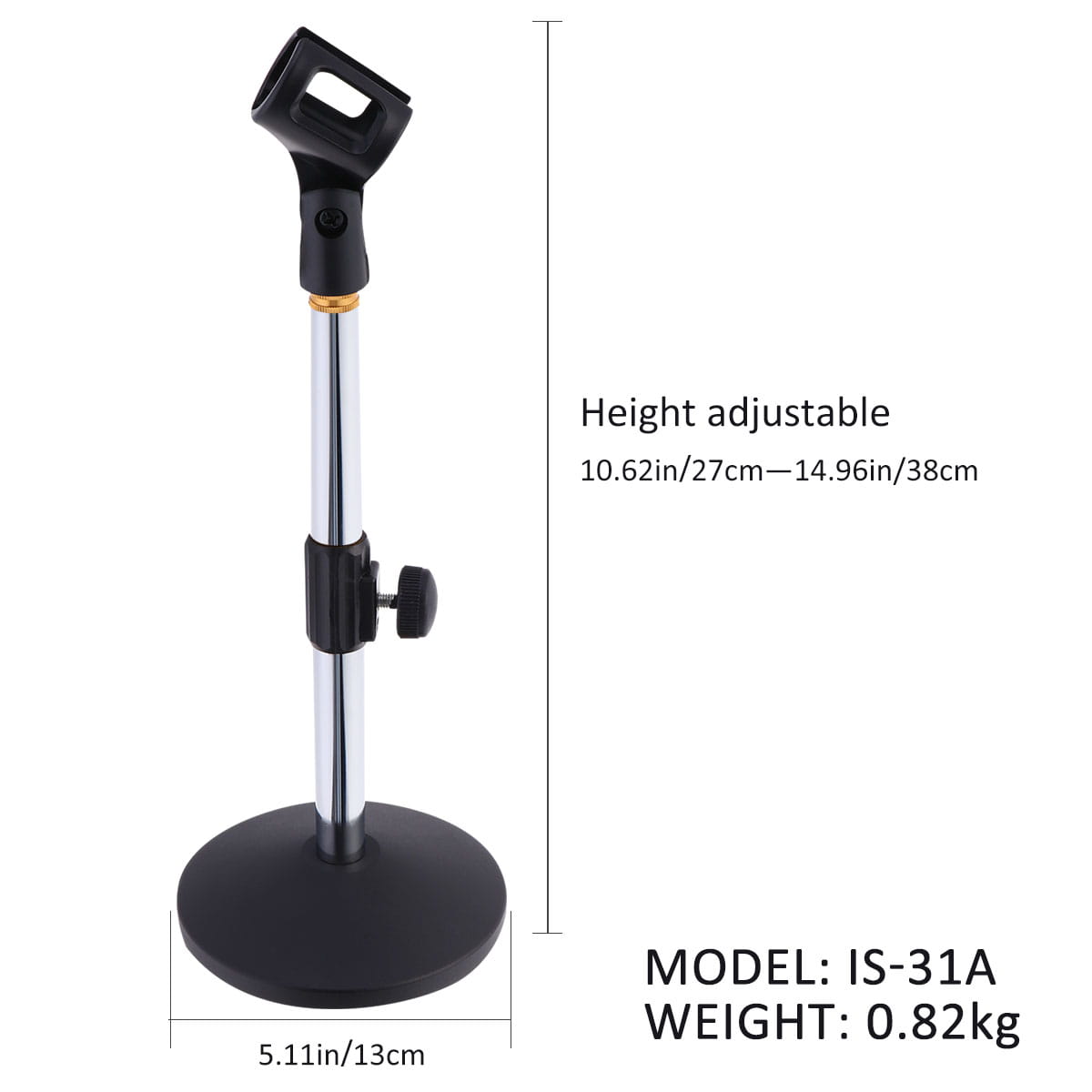Le modèle de support de micro de bureau réglable pour montage sur table is-31a, en noir et chrome, avec une base circulaire réalisée en métal.