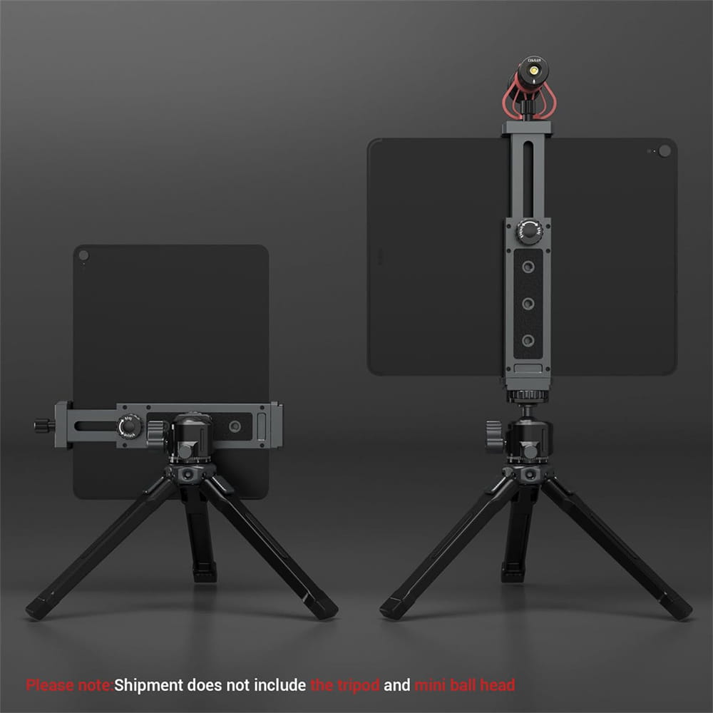black aluminum tripod mount adapter with adjustable height and universal clamp for tablet or ipad support