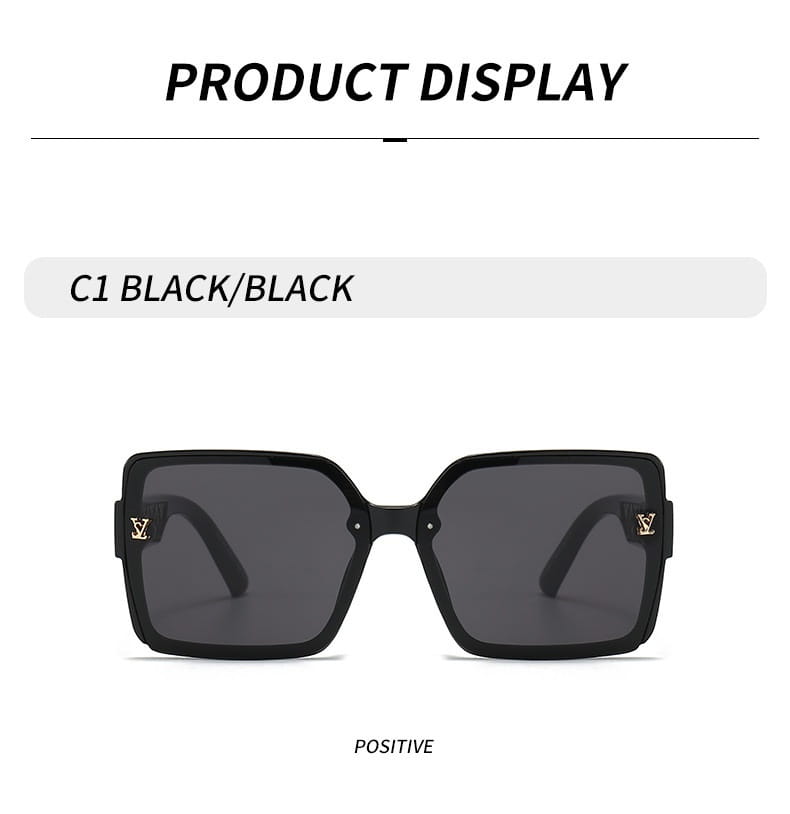 Lunettes de soleil carrées surdimensionnées avec monture noire, verres gris foncé et logos LV ton or sur les branches, conçues comme des lunettes de créateur unisexes avec protection UV400