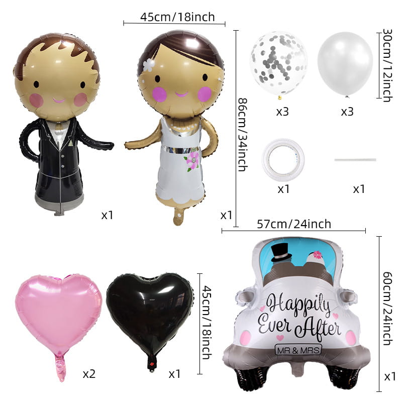 Wedding car balloon package couple decor featuring gold foil wedding couple balloons with a black suit groom and white dress bride, pink heart-shaped balloons, a black heart-shaped balloon, silver confetti-filled balloons, and a car-shaped happily ever after balloon.