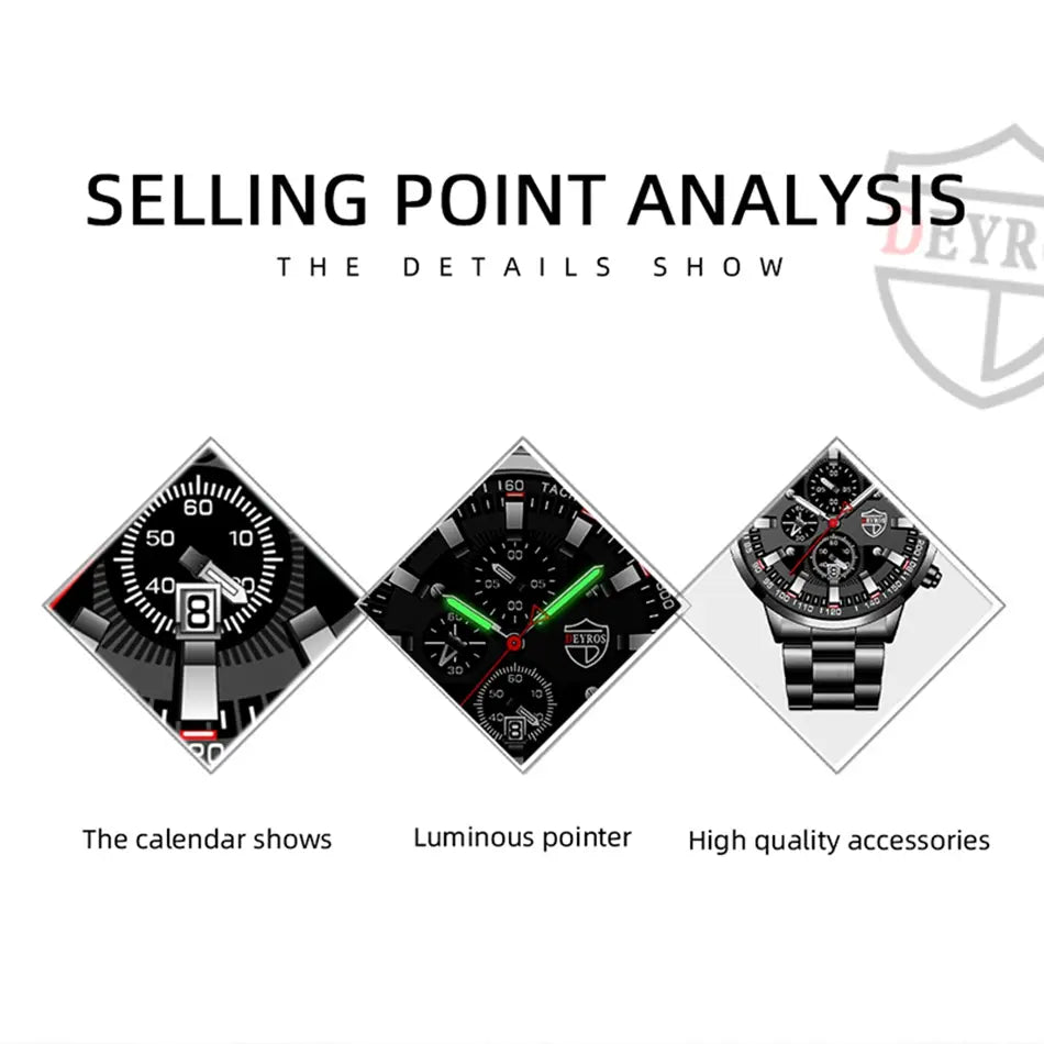 Montre pour homme Deyros en acier inoxydable noir, en quartz, présentant un cadran de chronographe noir et argent, avec un bracelet en acier inoxydable.