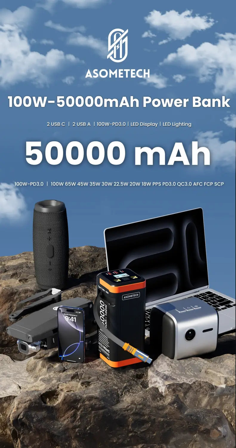 Power bank Asometech 50000 mAh, 100 W, à charge rapide, noir et orange, avec conception robuste et grande capacité pour une utilisation prolongée.