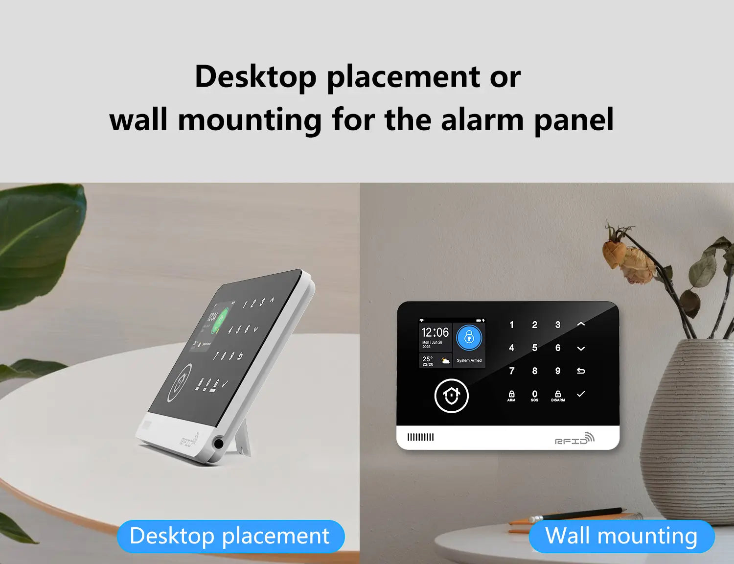 Panneau du système d’alarme de sécurité pour maison intelligente Tuya blanc et noir avec affichage sur écran tactile, pavé numérique et logo RFID, compatible avec l’application Smart Life.