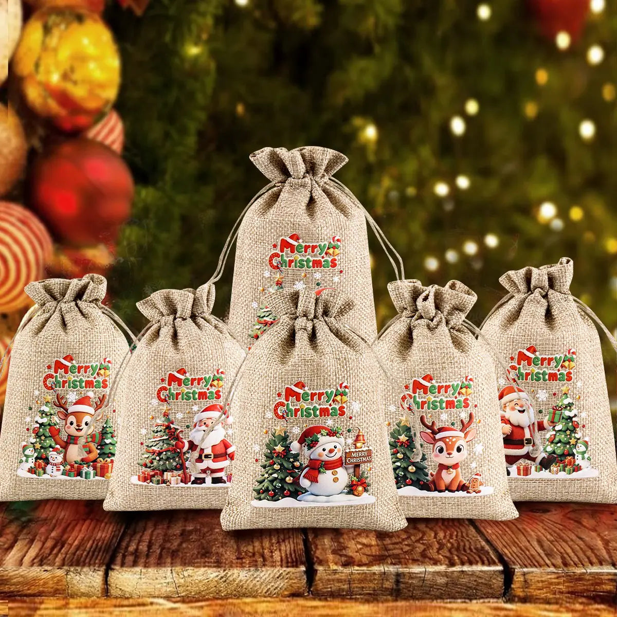Poches cadeaux en jute de Noël beige, lot de 6, présentant des imprimés festifs « Joyeux Noël » : des motifs de Père Noël, de renne et de bonhomme de neige sur un support en toile de jute.
