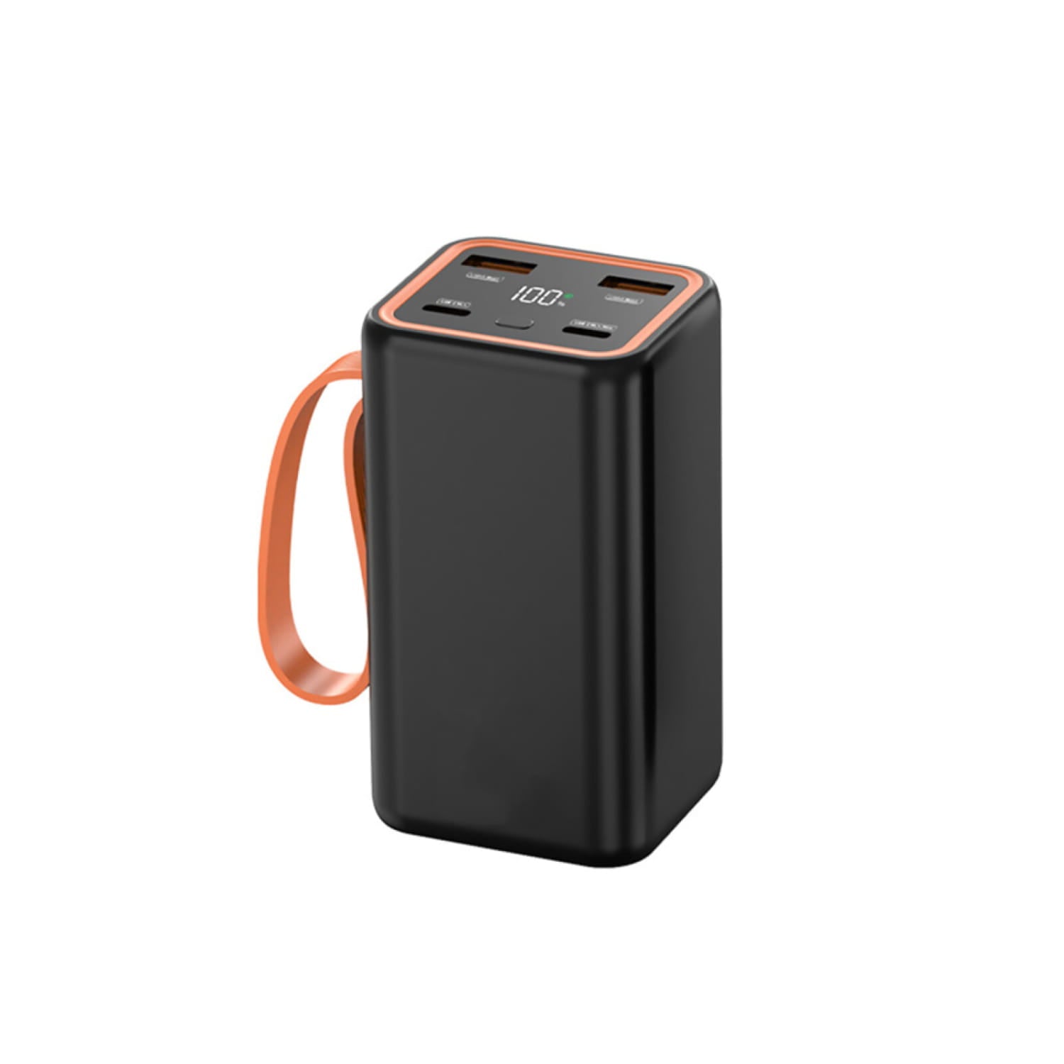 Black rectangular power bank case with orange accents and carrying strap featuring multiple USB ports and an LED display showing 100 percent charge for 4x 21700 batteries.