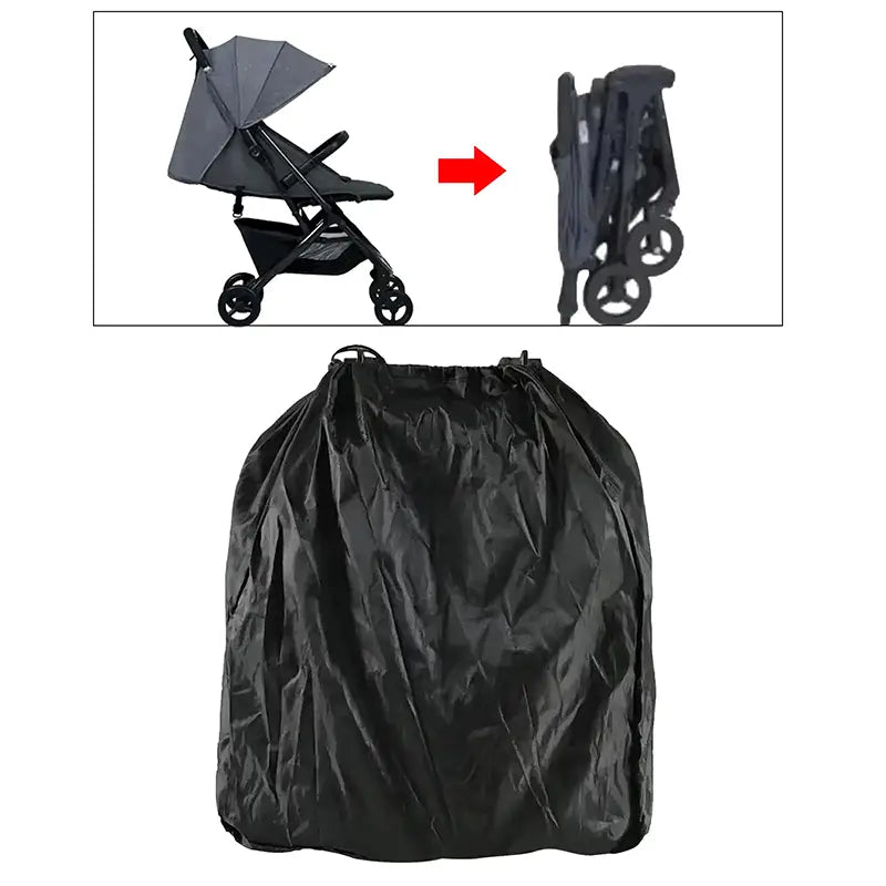 schwarze, wasserdichte Kinderwagen-Reisetasche-Rucksack mit Kordelverschluss, von der Rückseite dargestellt