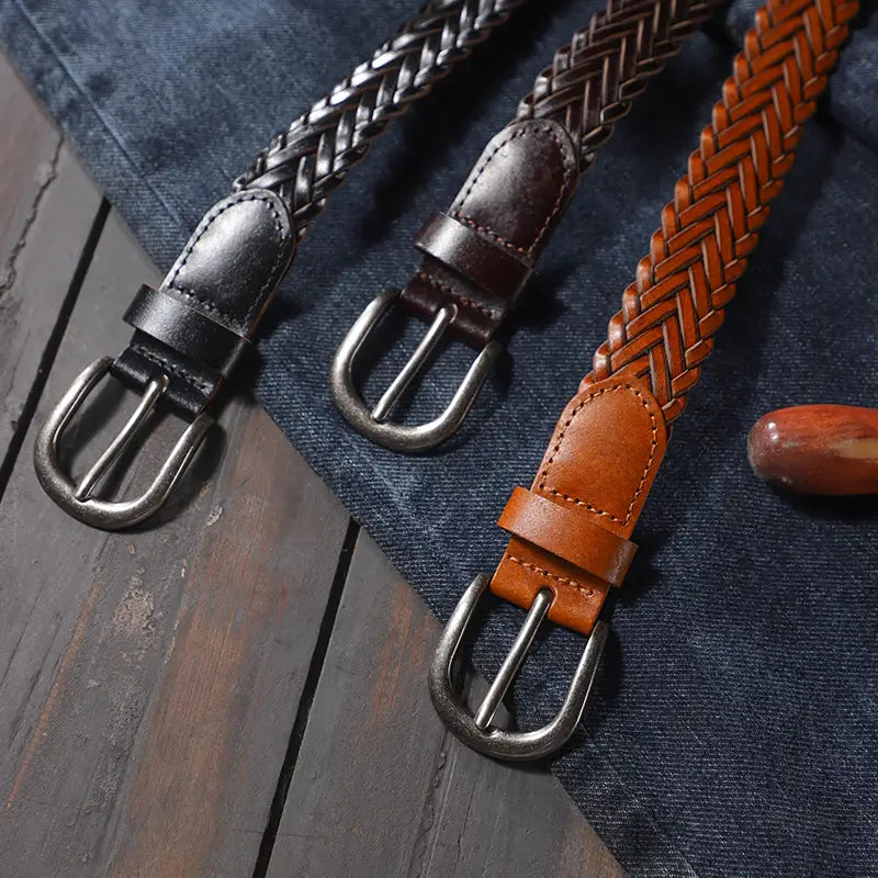 Three braided leather belts in black dark brown and tan with silver toned buckles for unisex casual wear.
