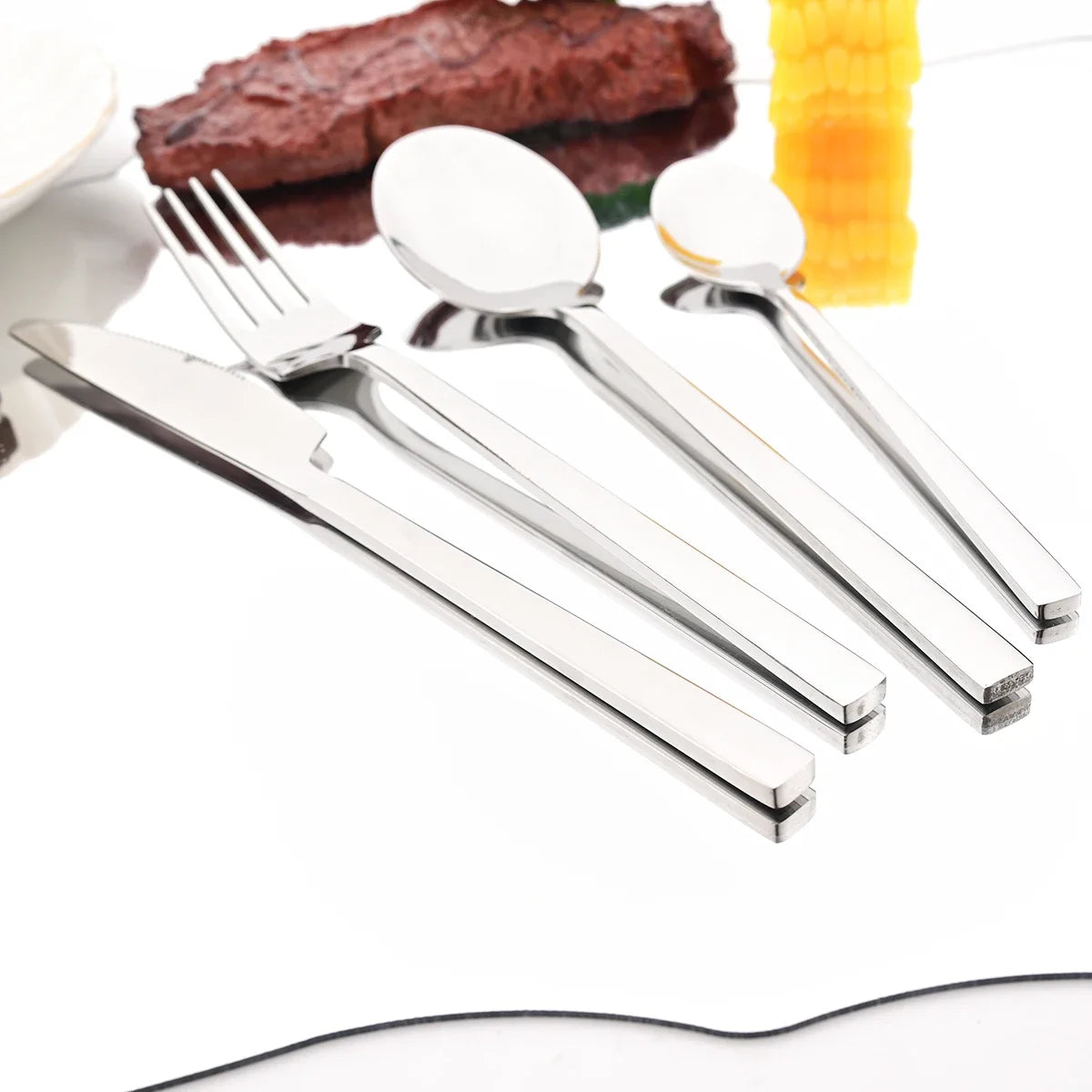 4pcs High-quality Mirror Dinnerware Set Silver Stainless Steel Tableware Set Reusable Knife Fork Spoon Dining Table Utensils