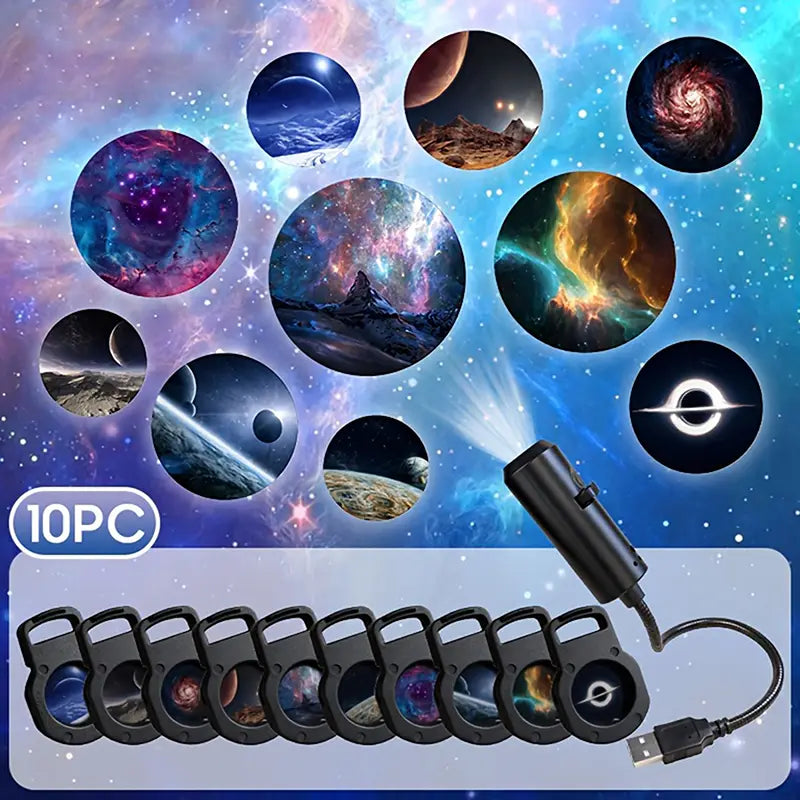 Black cylindrical led galaxy projection lamp with usb cable and ten black circular projection lenses displaying cosmic imagery for decorative lighting.