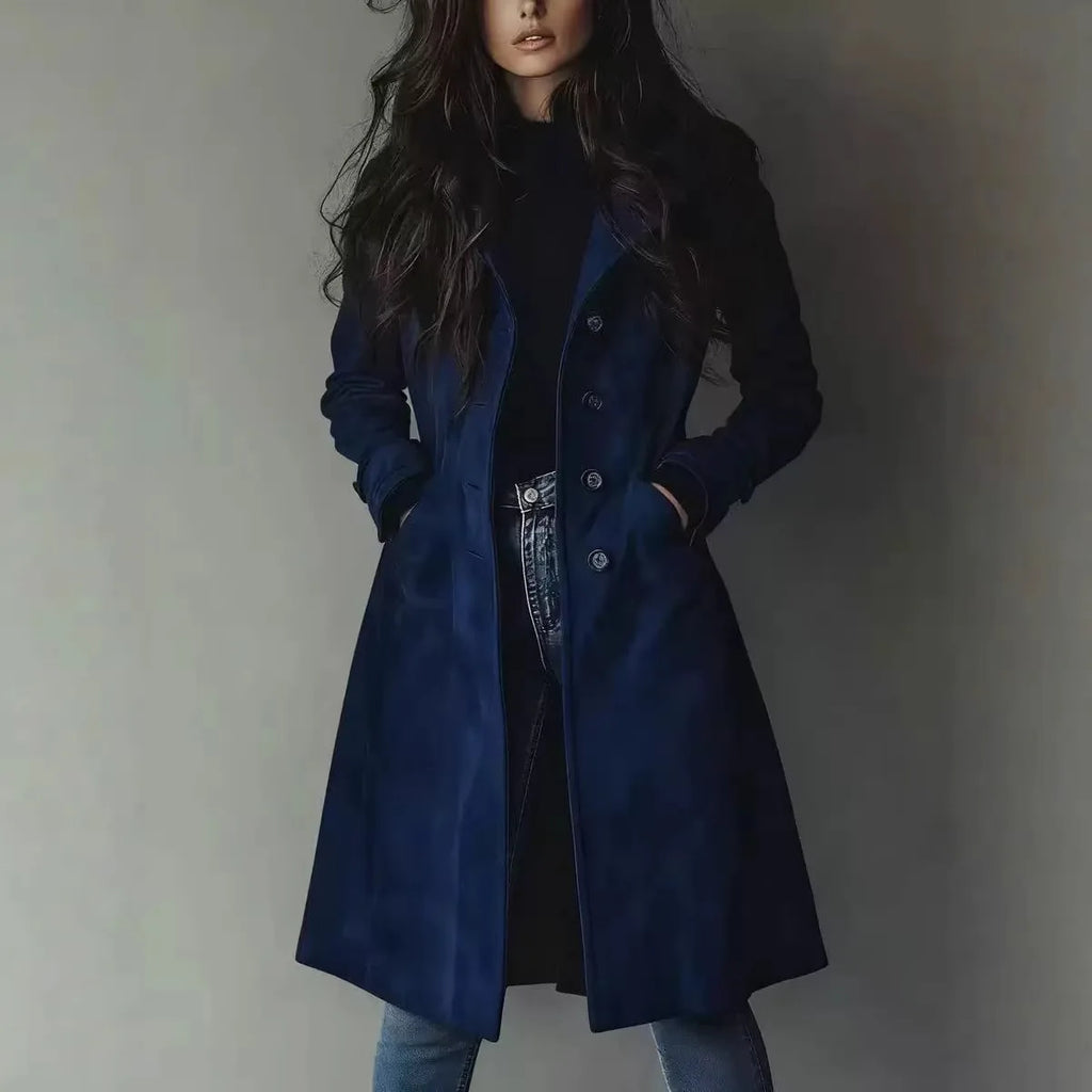 Women Trench Coats Long Jackets Solid Pocket Turn Down Collar Long Sleeves Single Breasted Loose Fit Casual 2026 Autumn Winter
