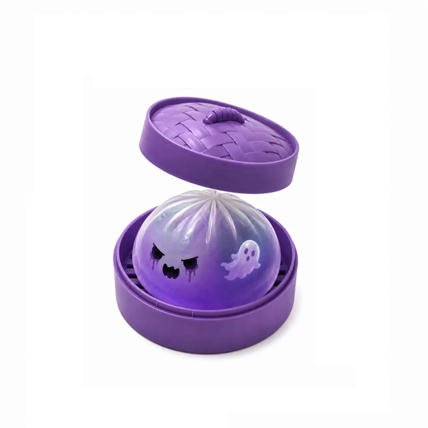 Purple plastic steamer containing a translucent gradient purple ghost-shaped squishy dumpling stress ball finished goods with black eyes and mouth.