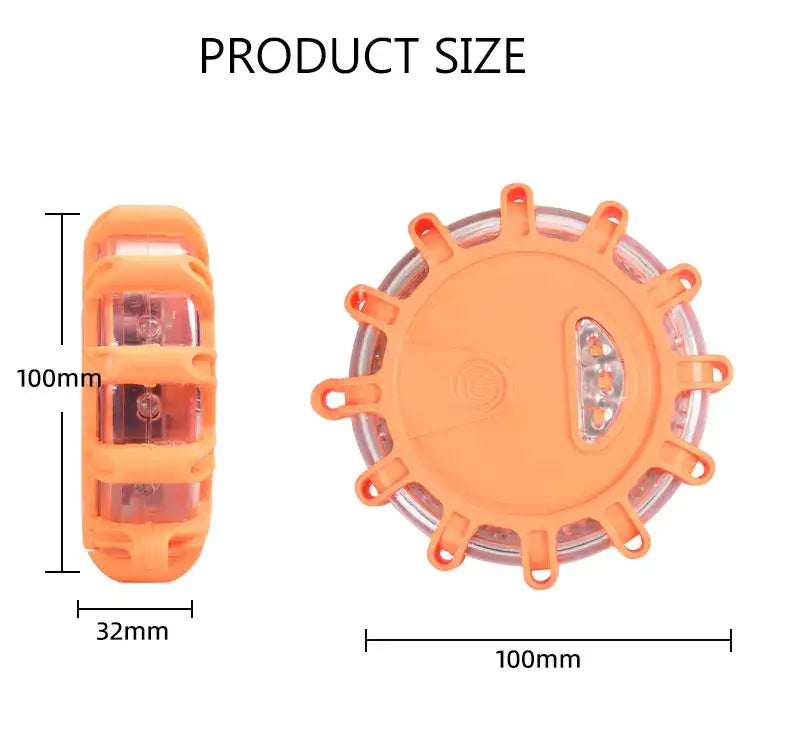 Magnetic led roadside emergency strobe light featuring an orange circular led safety reflector with a translucent plastic body and multiple integrated light panels.