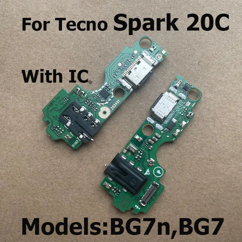 Green circuit boards with usb-c ports and black charging connectors designed as a usb charging dock flex cable for Tecno Spark 20 Pro Plus phones.
