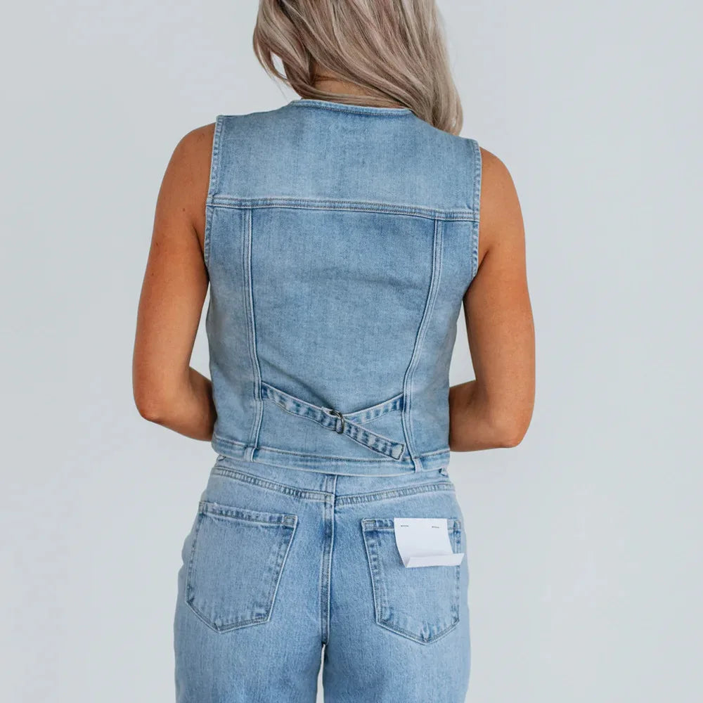Women's Casual Denim Vest Chic Light Wash Sleeveless Button Front Crop Waistcoat Streetwear
