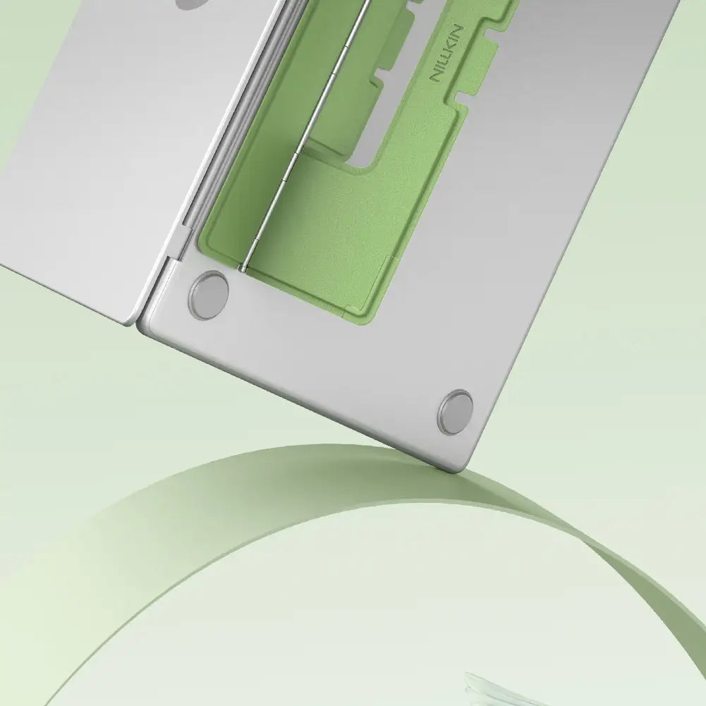 silver and light green nillkin card holder with a sleek minimalist design shown with the nillkin dualwing adhesive laptop stand computer bracket type for enhanced stability and portability