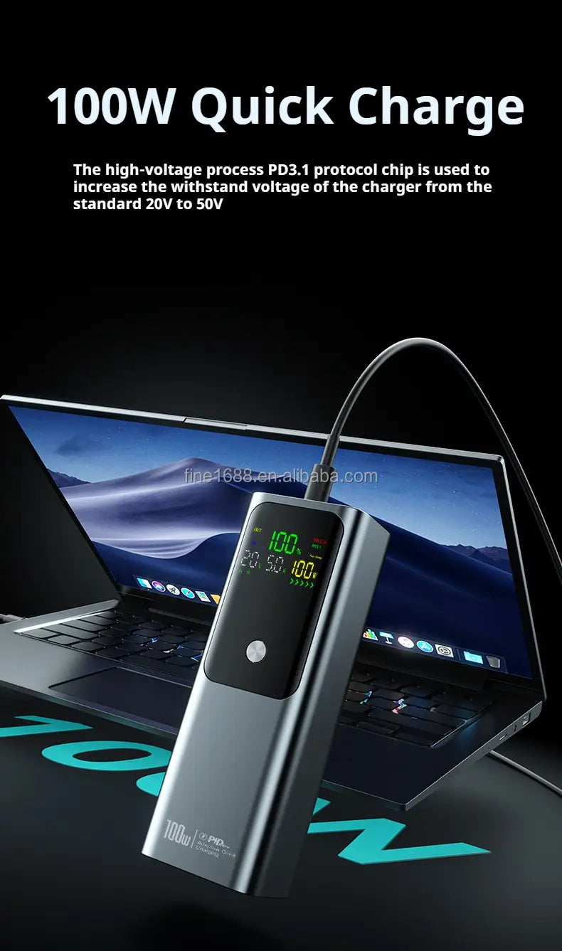 Silver metallic 100w pd3.1 quick charge laptop power bank fast charger with digital voltage and power display connected to a laptop via cable