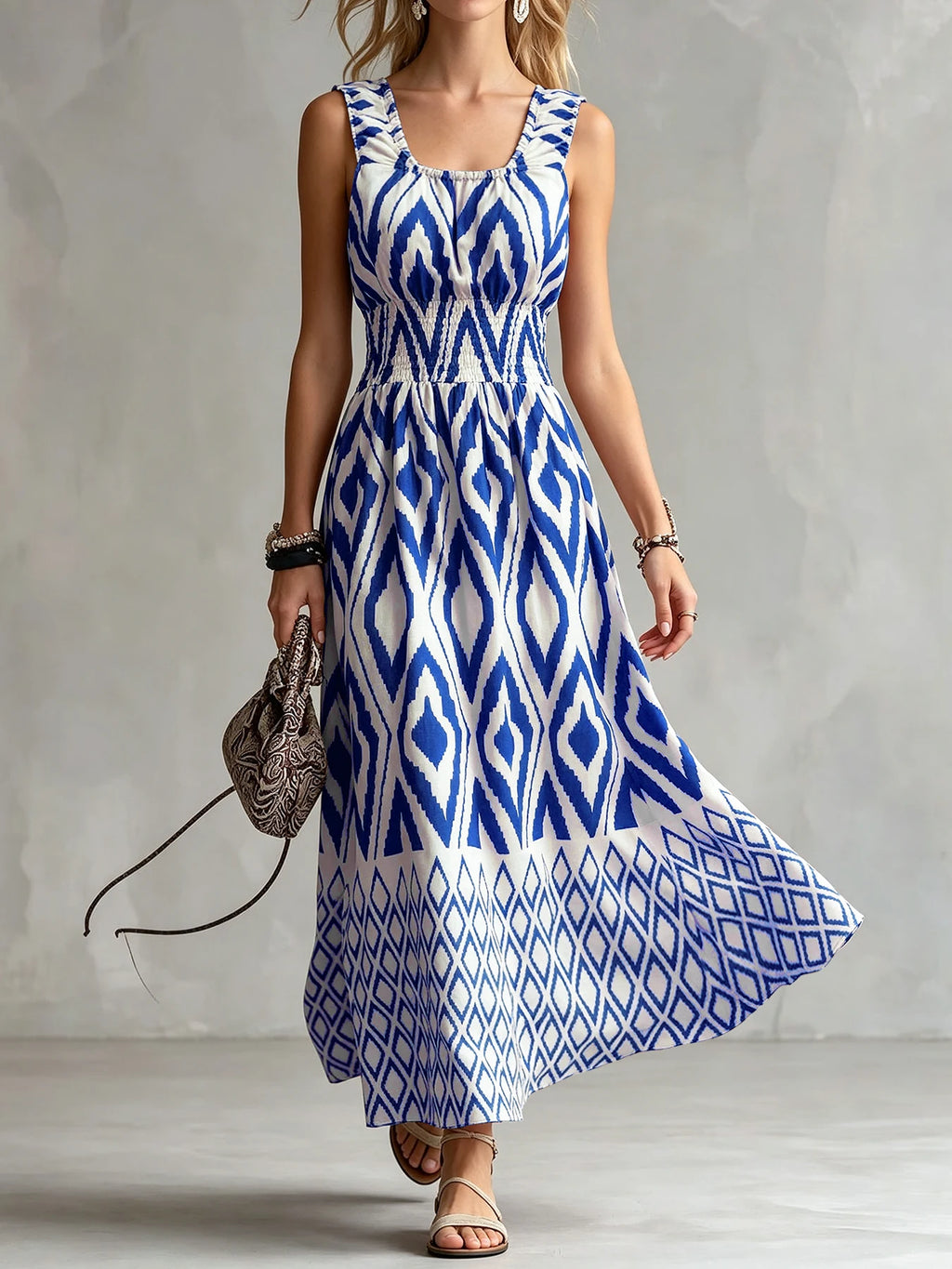 Women's Vintage Ethnic Ikat Pattern Sleeveless Square Neck Smocked Bust Tiered Casual Midi Dress